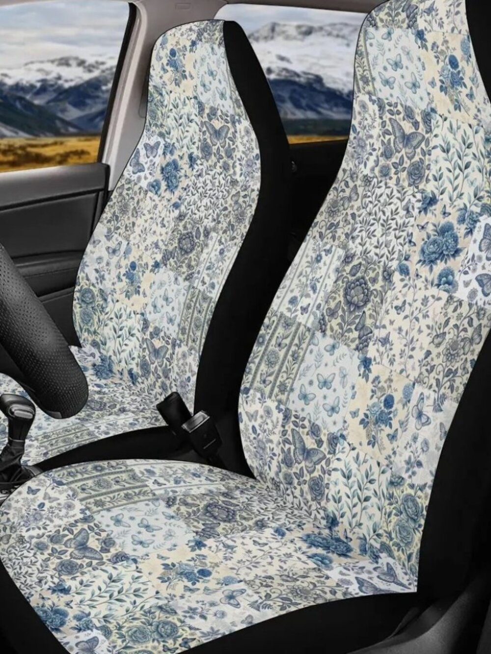 Set of 2 Floral Butterfly Patchwork Pattern Seat Covers NEW
